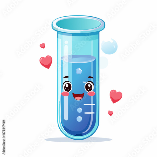 Cute kawaii cartoon test tube character filled with blue liquid, smiling happily and surrounded by red hearts, symbolizing a love for science and chemistry