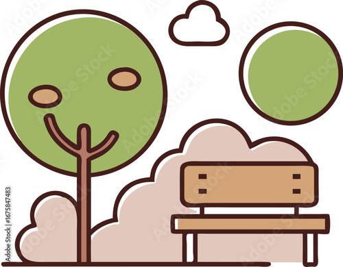 Vector art of stylized illustration of a happy tree, park bench, and clouds, representing a pleasant outdoor scene