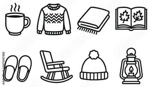 Cozy home flat icon set. featuring mug, sweater, blanket, book, slippers, rocking chair, beanie, lantern