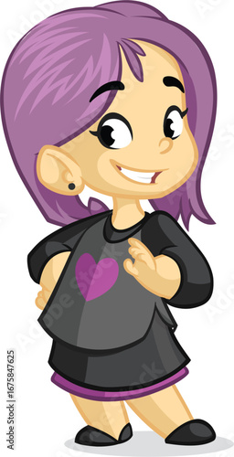 A confident cartoon girl with purple hair and a matching heart on her shirt transparent editable vector for t-shirt mug wall stickers wallpaper sticker design multipurpose use in high definition forma