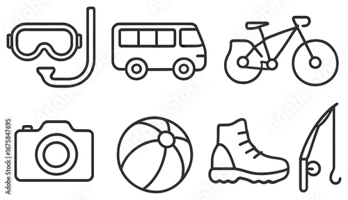 Outdoor adventure linear icon set. featuring snorkel, bus, bicycle, camera, ball, boot, fishing rod