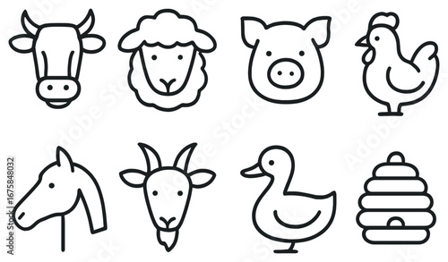 Farm animals 3d icon set. featuring cow, sheep, pig, chicken, horse, goat, duck, beehive symbols