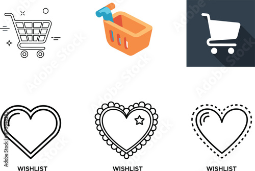 Shopping cart icons, wishlist heart symbols, e-commerce interface elements, vector retail graphics, online store UI set, minimal and decorative styles