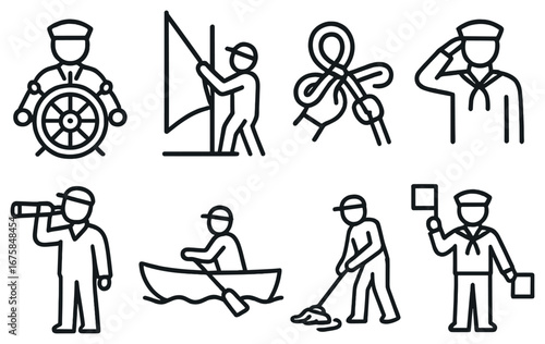Nautical linear icon set. featuring captain, sail, knot, salute, binoculars, canoe, sailor, flag symbols