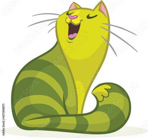 A content green striped cat with a big happy yawn transparent editable vector for t-shirt mug wall stickers wallpaper sticker design multipurpose use in high definition format