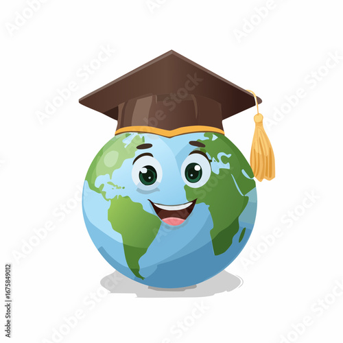 Cartoon Earth character wearing a graduation cap, symbolizing global education and academic achievement. An isolated vector illustration for learning concepts