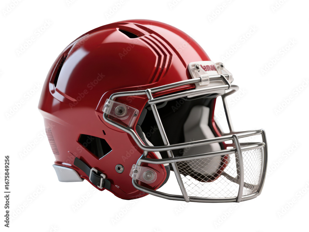 Fototapeta premium A shiny, red football helmet with a metallic faceguard, isolated on white.