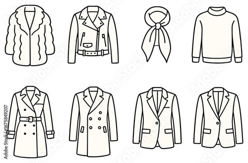 Fashion clothing linear icon set. featuring fur coat, biker jacket, scarf, sweater, trench coat, overcoat, blazers