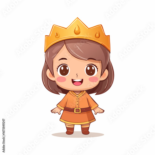 A charming illustration of a cute little princess girl wearing a golden crown and an orange dress. Adorable chibi fantasy character with a happy smile, isolated on a white background