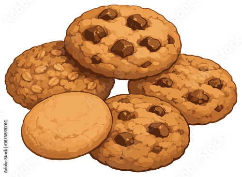 Cookies 3d icon set. featuring chocolate chip, oatmeal, sugar, peanut butter, and double chocolate cookies