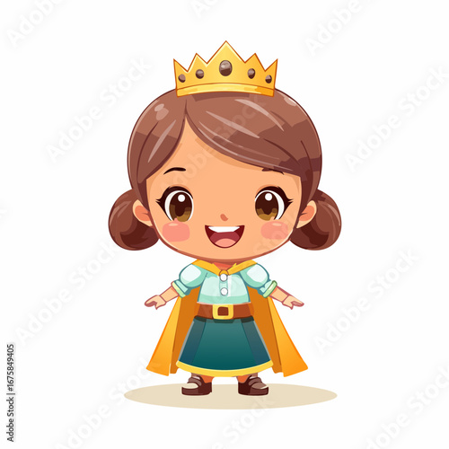 Charming illustration of a young princess character with brown hair, wearing a royal golden crown and yellow cape, isolated on a white background