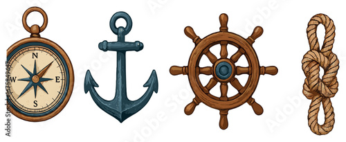 Nautical hand-drawn icon set. featuring compass, anchor, helm, and knot symbols
