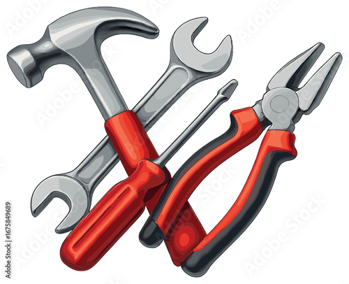 Tools 3d icon set. featuring hammer, wrench, screwdriver, and pliers