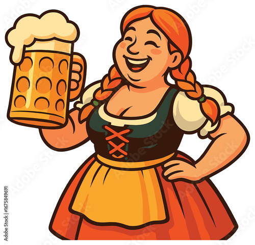 Oktoberfest vector: cheerful woman with beer mug in traditional bavarian costume