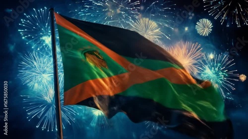 A vibrant depiction of a waving national flag against a spectacular fireworks display at night.