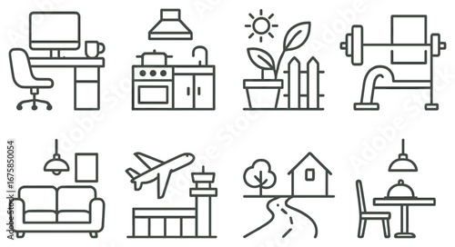 Mixed theme linear icon set. including office, kitchen, nature, gym, living room, airport, home, dining.