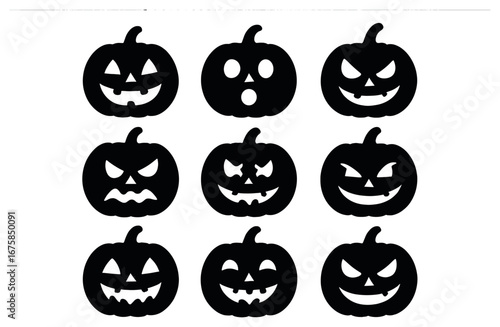 Halloween pumpkins flat icon set. featuring spooky, funny, scary, grinning, and surprised jack-o'-lanterns