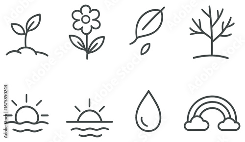 Nature and weather linear icon set. featuring plant, flower, leaf, tree, sunrise, sunset, water drop, and rainbow symbols