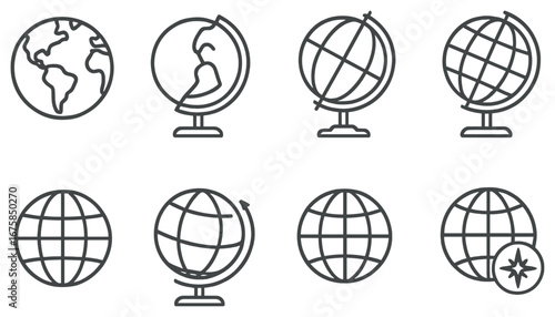 Globes and maps linear icon set. featuring world, earth, continents, geography, and atlas symbols
