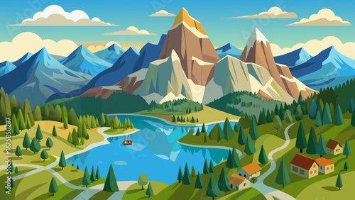 A scenic mountain landscape with a lake, forest, and houses in the valley