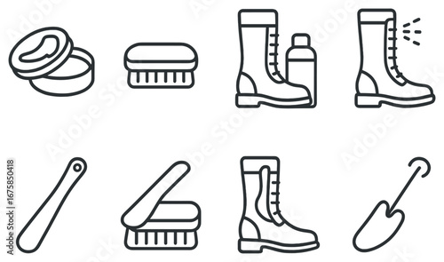 Shoe care linear icon set. featuring polish, brush, boots, spray, shoehorn, cleaner, and shovel symbols