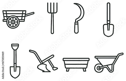 Gardening tools linear icon set. featuring wheelbarrow, rake, sickle, shovel, plow, trough symbols