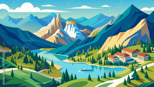 Scenic mountain landscape with lake, forest, and village in summer day