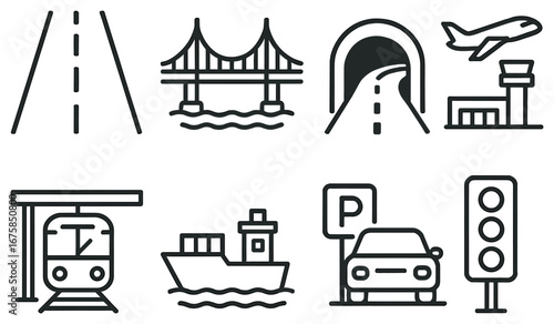 Transportation linear icon set. featuring road, bridge, tunnel, airplane, train, ship, parking, and traffic light symbols
