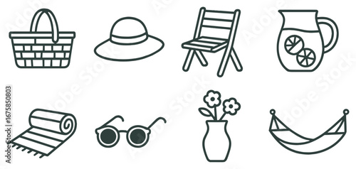 Picnic essentials linear icon set. featuring basket, hat, chair, lemonade, mat, sunglasses, vase, hammock