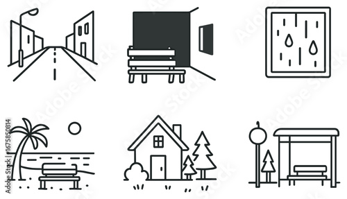 Urban and nature linear icon set. featuring city street, park bench, window, beach, house, and bus stop