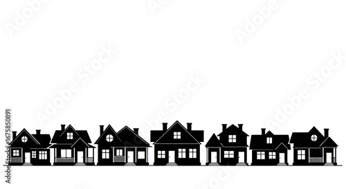 A row of black silhouette houses representing a suburban neighborhood streetscape.