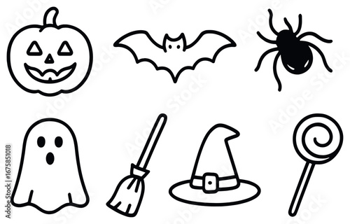 Halloween flat icon set. featuring pumpkin, bat, spider, ghost, broom, witch hat, and lollipop