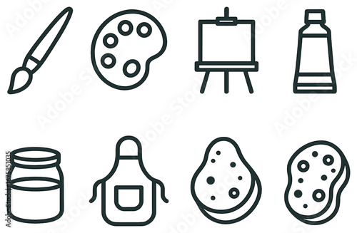 Art supplies linear icon set. featuring paintbrush, palette, easel, paint tube, jar, apron, palette knife, sponge