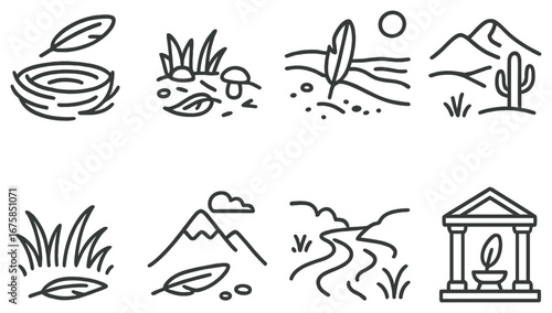 Nature and travel linear icon set. featuring pond, forest, beach, desert, grassland, mountain, river, temple