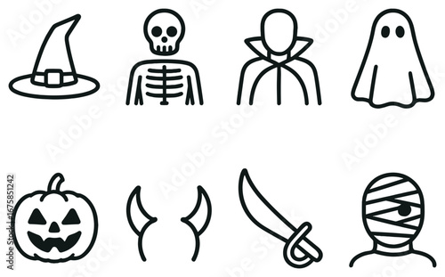 Halloween linear icon set. featuring witch hat, skeleton, vampire, ghost, pumpkin, devil horns, sword, mummy