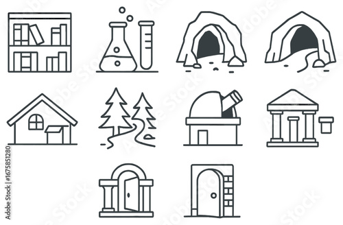 Science and nature linear icon set. featuring library, laboratory, caves, house, forest, observatory, ancient architecture