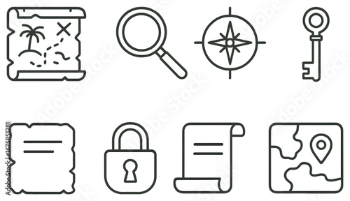 Treasure hunt linear icon set. featuring map, magnifying glass, compass, key, scroll, lock symbols