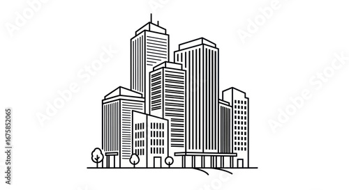 Black and white line art illustration of a modern city skyline with tall buildings and urban architecture.