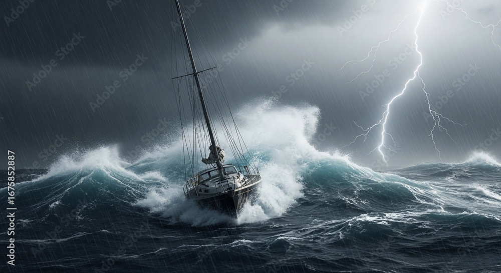 Fototapeta premium A sailboat battles a ferocious storm at sea, lightning illuminates the tumultuous waves.