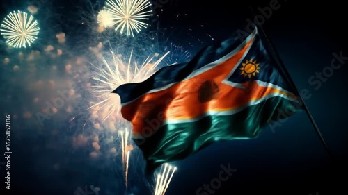A vibrant flag of Eswatini billows against a backdrop of spectacular fireworks, showcasing a festive and celebratory atmosphere.