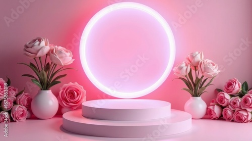 Wallpaper Mural Pink roses podium with neon circle bouquet vase Torontodigital.ca