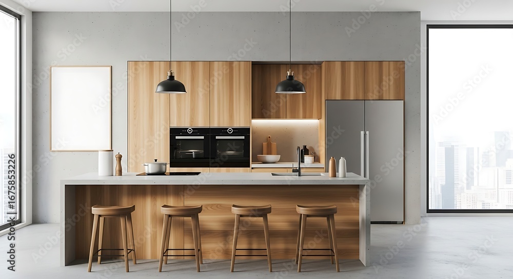 Fototapeta premium Modern kitchen with wooden cabinets