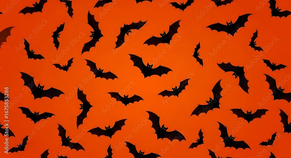 Fototapeta premium A festive halloween background featuring a seamless pattern of black bat silhouettes on a vibrant orange backdrop, perfect for adding a spooky touch to your designs