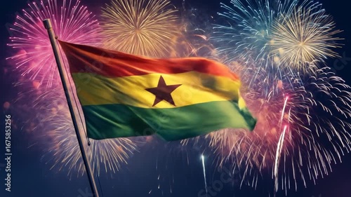 A national flag of Ghana waving proudly amidst a spectacular fireworks display against a starry night sky.