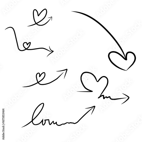 Hand Drawn Heart Arrows Doodle. Romantic Love Sketch Elements. 
