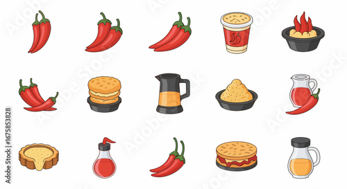 A collection of colorful cartoon icons representing spicy food, including red chili peppers, hot sauces, dips, and various related dishes.