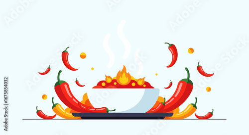 A steaming white bowl of fiery chili soup with flames, surrounded by an explosion of fresh red and yellow chili peppers in a flat illustration style.