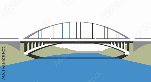 A symmetrical white tied-arch bridge with a curved superstructure and vertical support hangers.