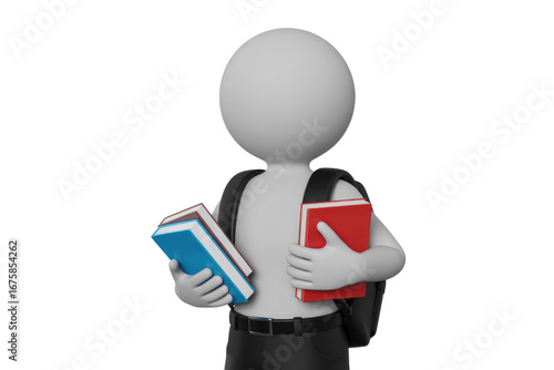 A 3D rendered student figure carries books and a backpack, ready for school. background removed