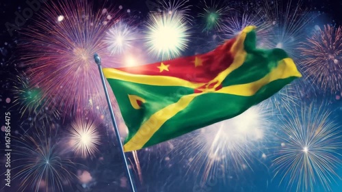 National flag of Bolivia waving proudly amidst vibrant fireworks against a night sky.